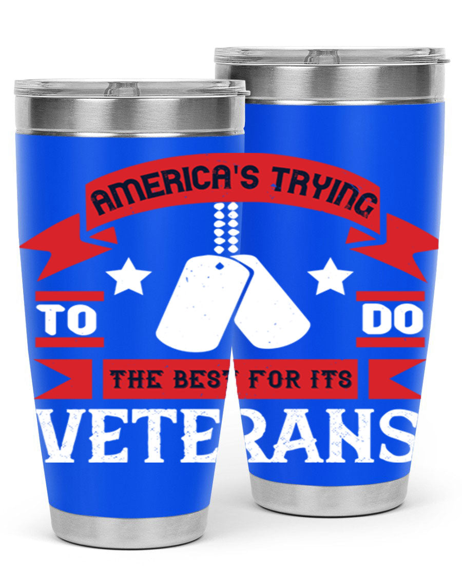 20oz and 30oz stainless steel tumblers designed for veterans, featuring double wall vacuum insulation and a drink-thru lid.