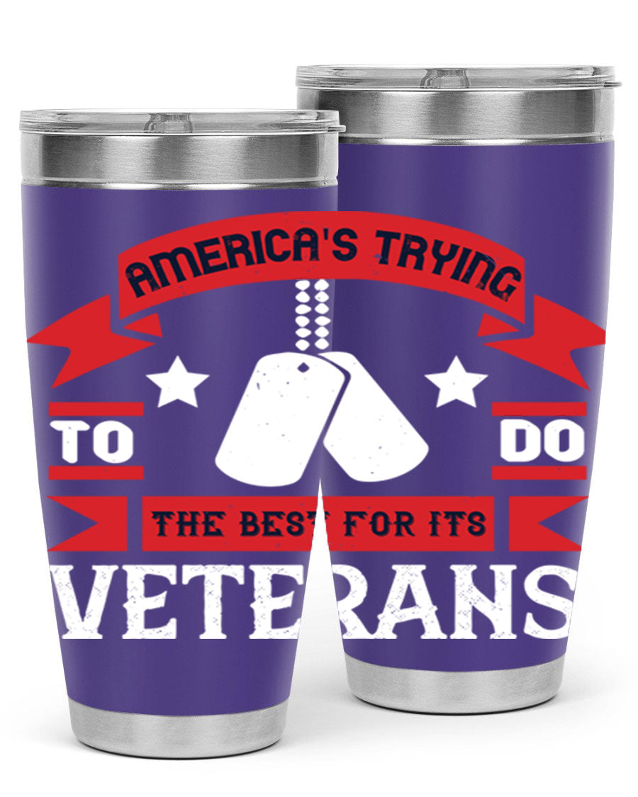 20oz and 30oz stainless steel tumblers designed for veterans, featuring double wall vacuum insulation and a drink-thru lid.