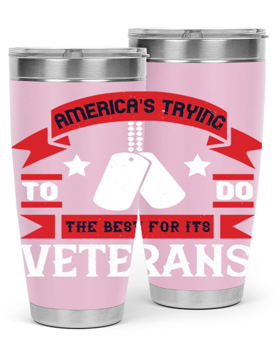 20oz and 30oz stainless steel tumblers designed for veterans, featuring double wall vacuum insulation and a drink-thru lid.