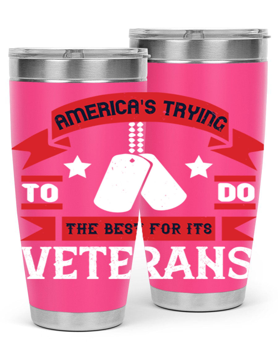 20oz and 30oz stainless steel tumblers designed for veterans, featuring double wall vacuum insulation and a drink-thru lid.