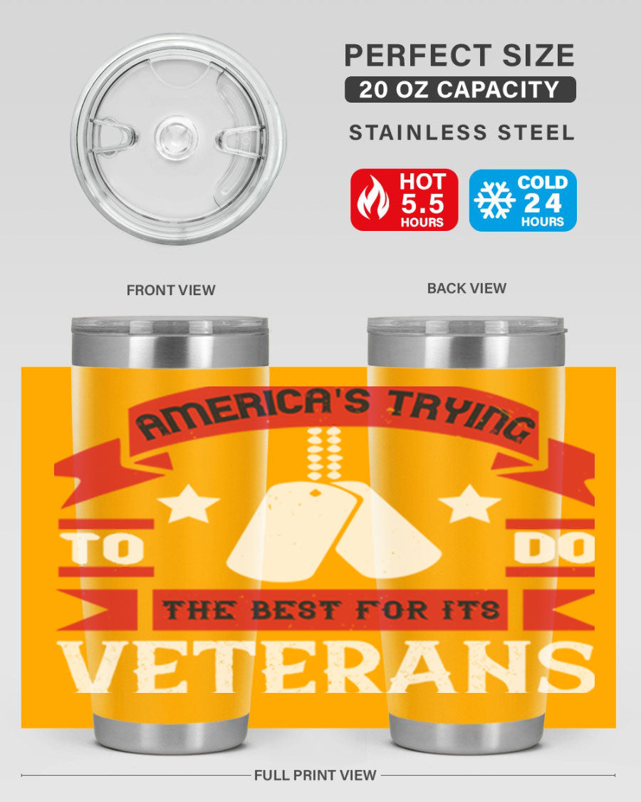 20oz and 30oz stainless steel tumblers designed for veterans, featuring double wall vacuum insulation and a drink-thru lid.