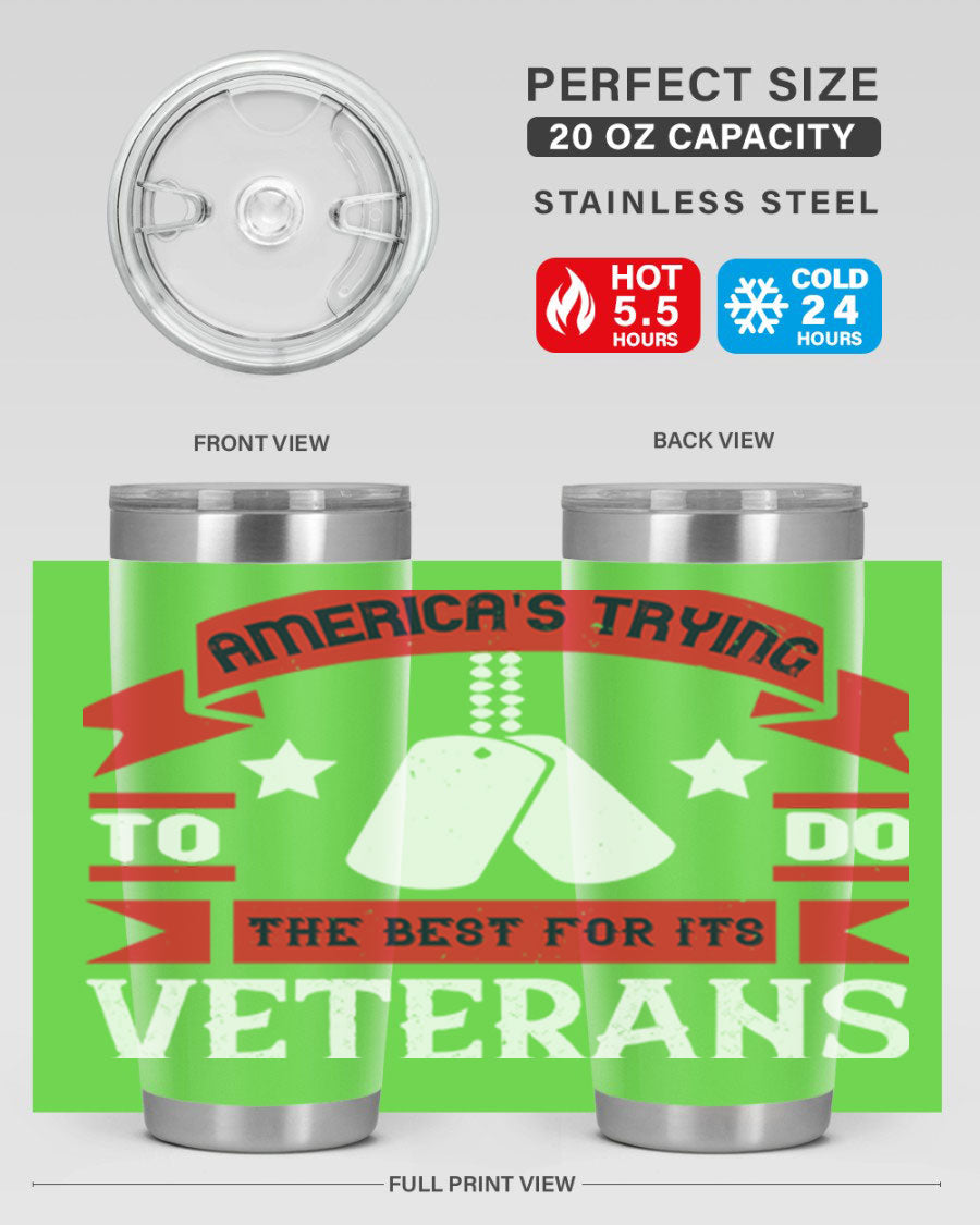 20oz and 30oz stainless steel tumblers designed for veterans, featuring double wall vacuum insulation and a drink-thru lid.