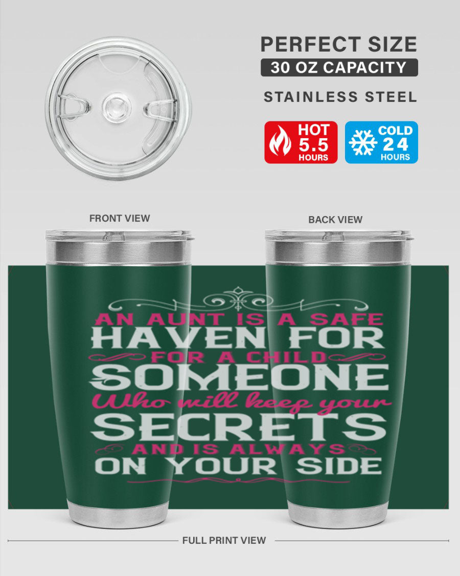 A stylish 20oz and 30oz stainless steel tumbler featuring a design celebrating the bond between a child and their aunt, perfect for hot and cold beverages.