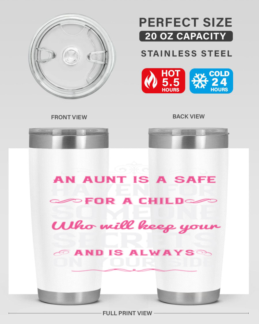 A stylish 20oz and 30oz stainless steel tumbler featuring a design celebrating the bond between a child and their aunt, perfect for hot and cold beverages.