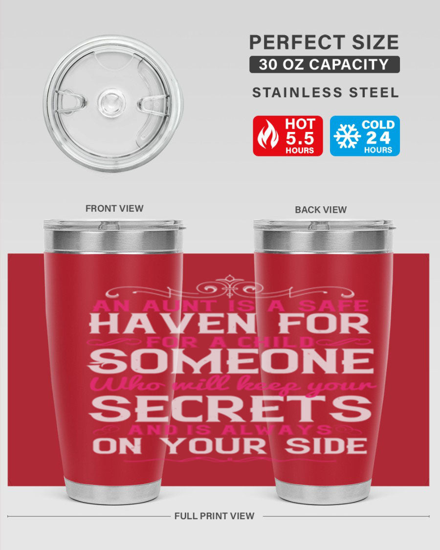 A stylish 20oz and 30oz stainless steel tumbler featuring a design celebrating the bond between a child and their aunt, perfect for hot and cold beverages.