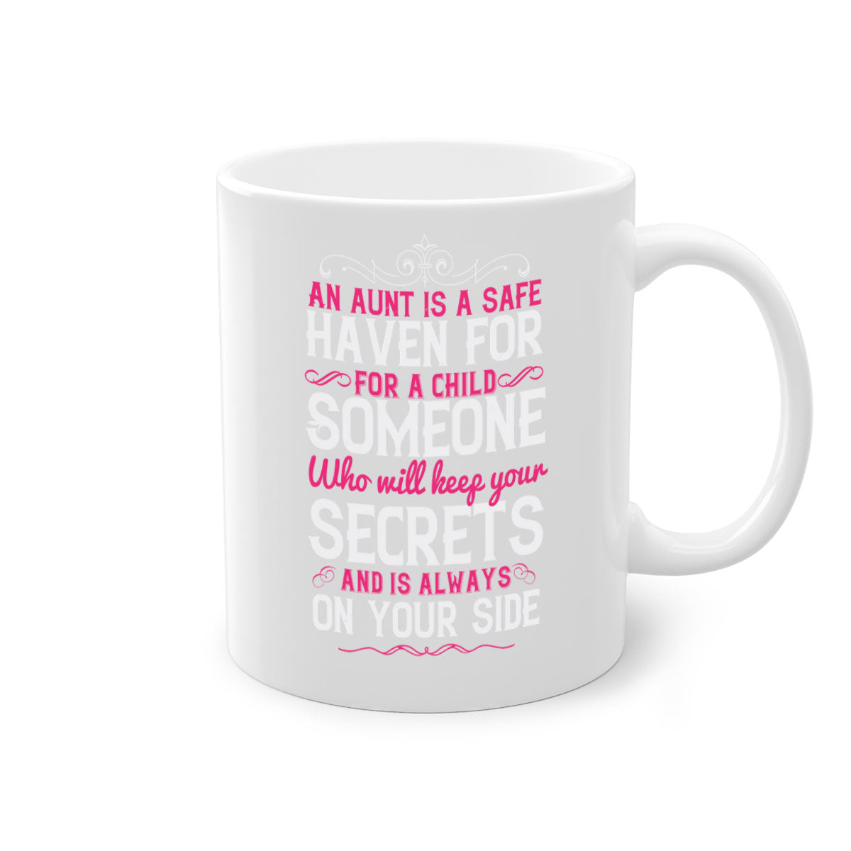 A two-tone ceramic mug with a glossy finish, featuring the phrase 'An Aunt is a Safe Haven for a Child' in a stylish font, available in multiple colors.