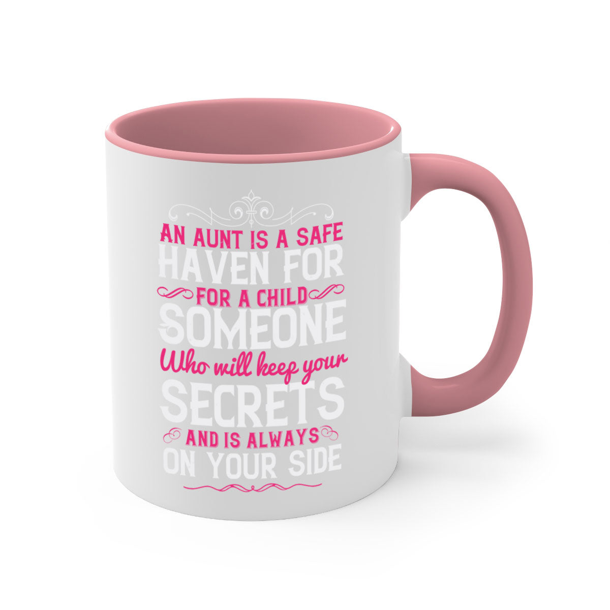 A two-tone ceramic mug with a glossy finish, featuring the phrase 'An Aunt is a Safe Haven for a Child' in a stylish font, available in multiple colors.