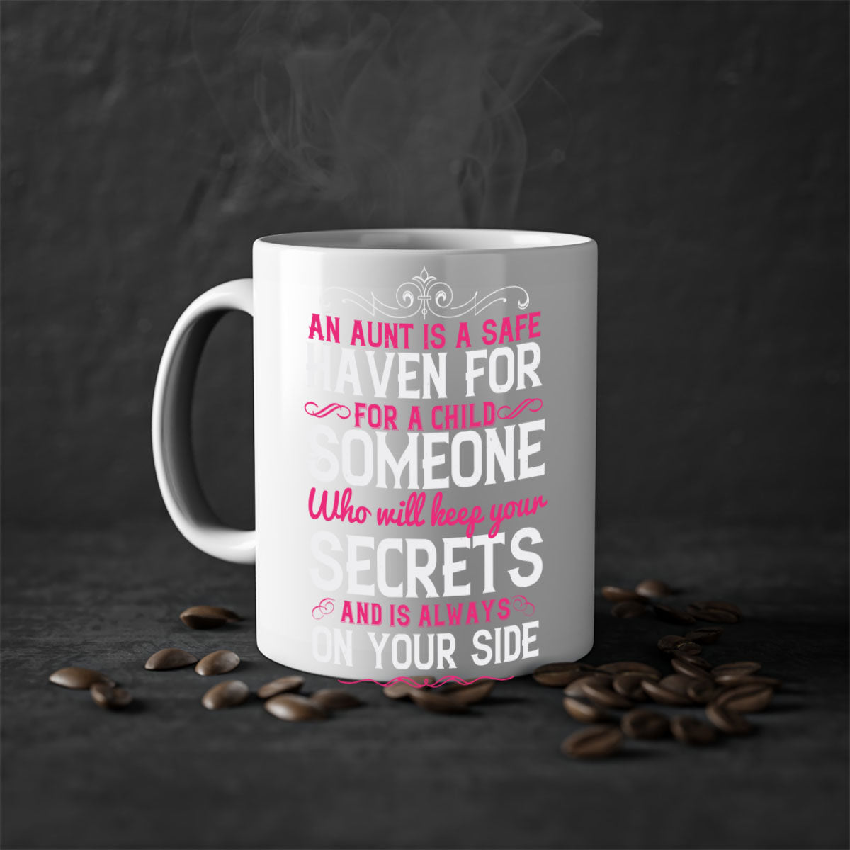 A two-tone ceramic mug with a glossy finish, featuring the phrase 'An Aunt is a Safe Haven for a Child' in a stylish font, available in multiple colors.