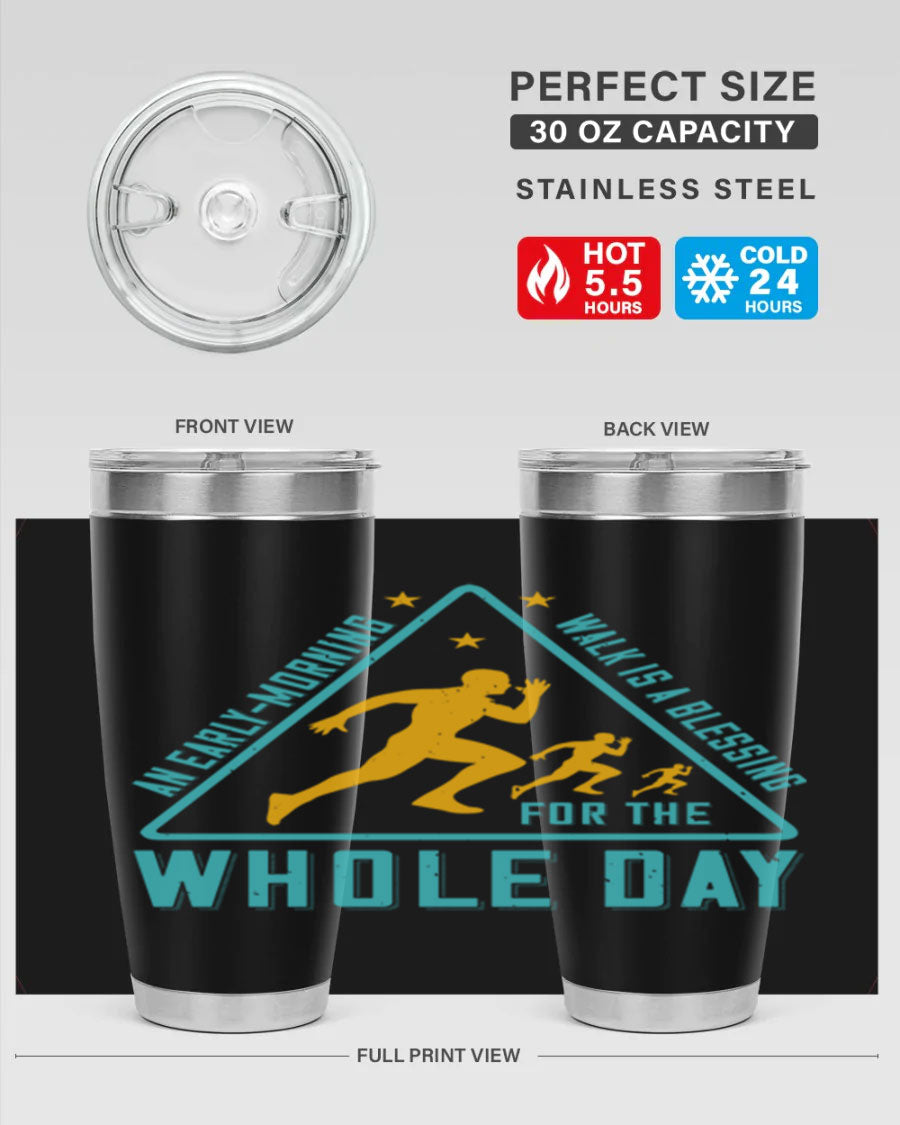 A stylish 20oz and 30oz stainless steel tumbler featuring a motivational quote, perfect for keeping drinks hot or cold.