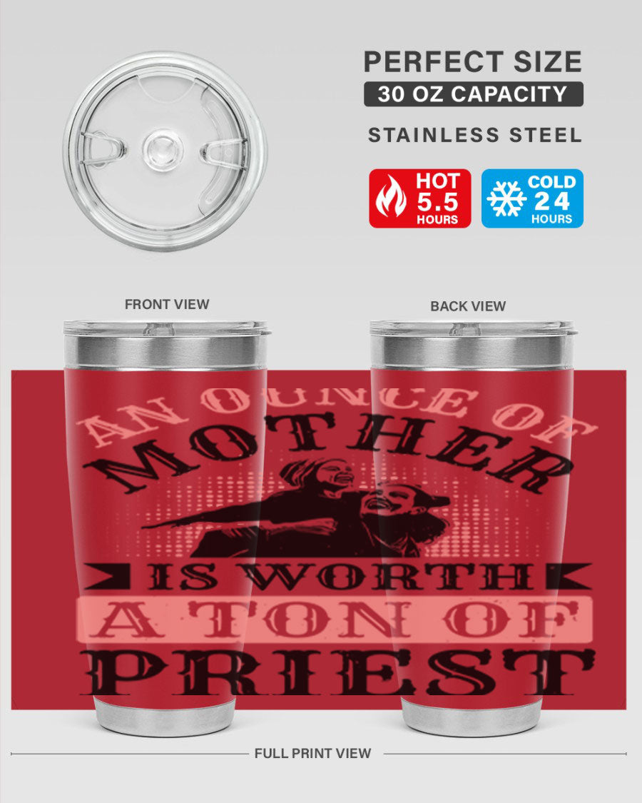 20oz and 30oz stainless steel tumbler with a printed design celebrating mothers, featuring a drink-thru lid.