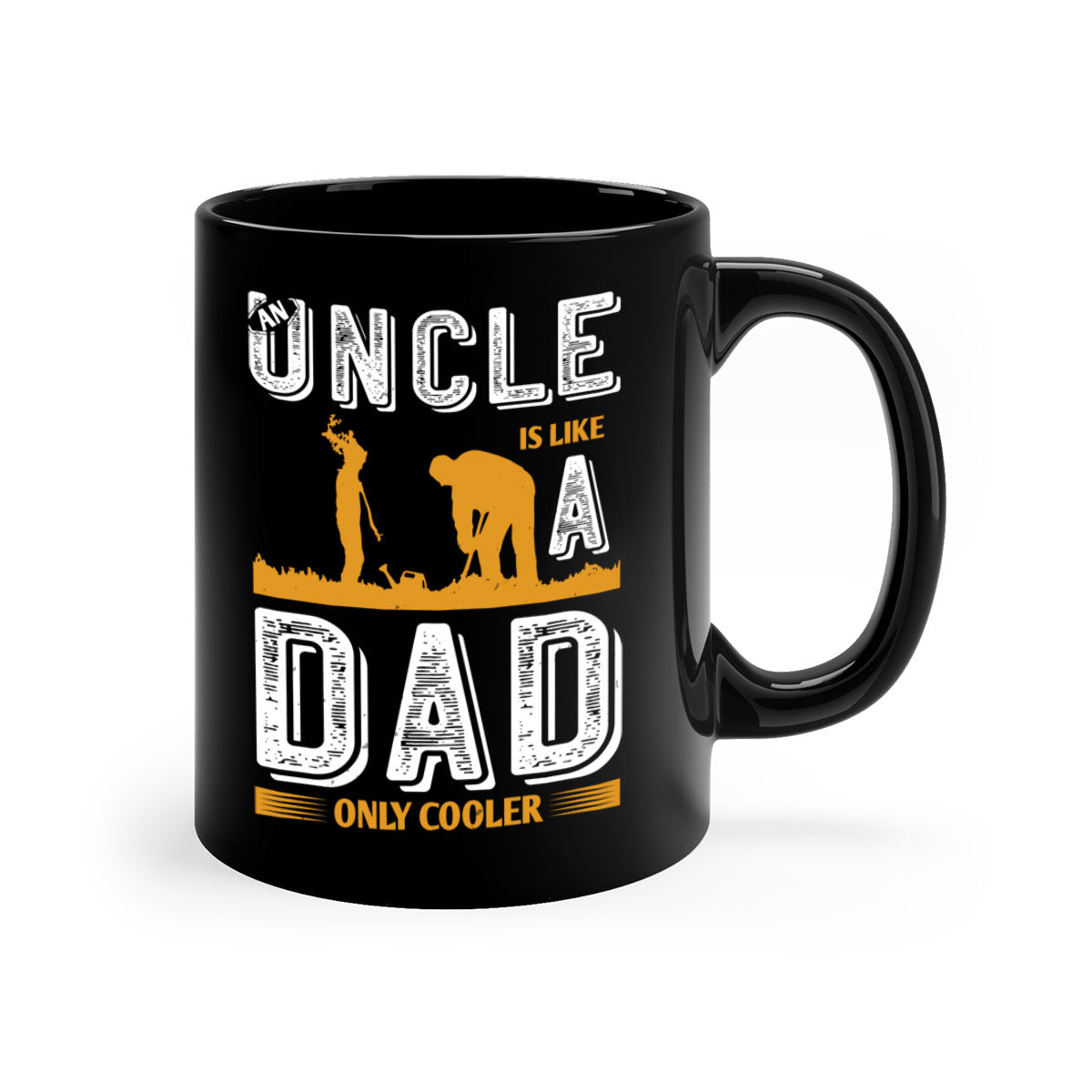 Two-tone ceramic mug with colored handle and interior, featuring the phrase 'An Uncle is Like a Dad Only Cooler'.