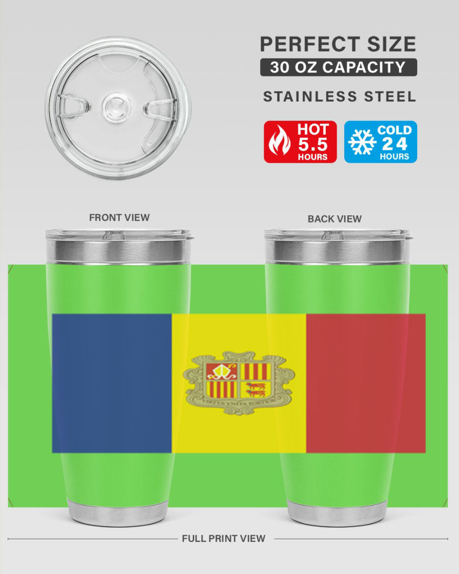 Andorra 194# Tumbler showcasing the Andorra flag design, made of stainless steel with a copper lining, perfect for hot and cold beverages.