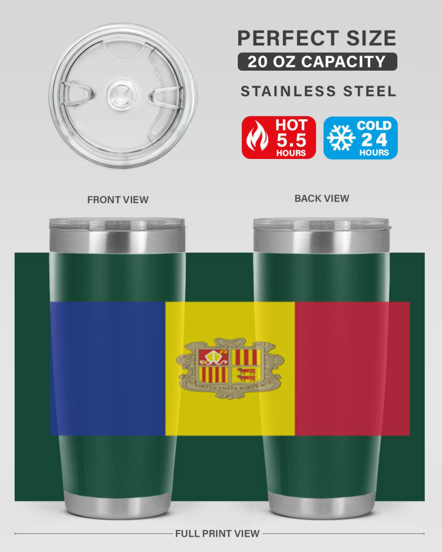 Andorra 194# Tumbler showcasing the Andorra flag design, made of stainless steel with a copper lining, perfect for hot and cold beverages.