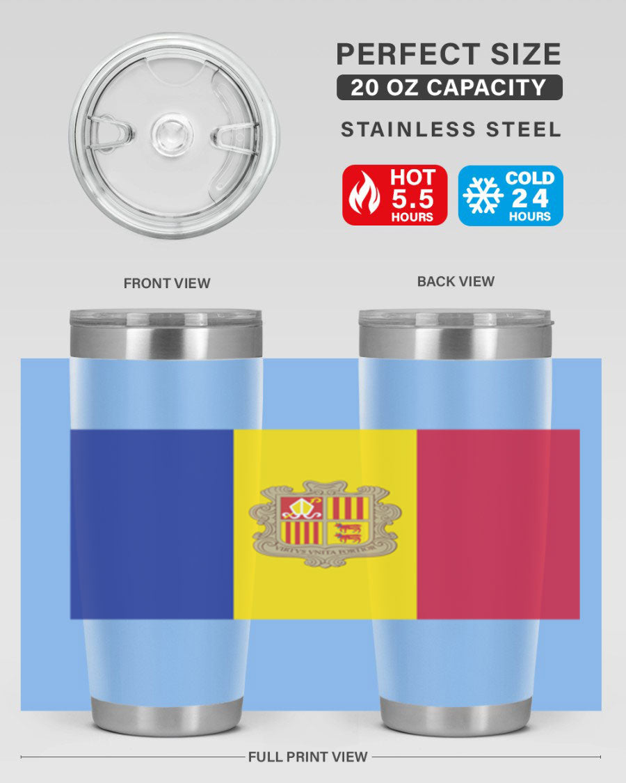 Andorra 194# Tumbler showcasing the Andorra flag design, made of stainless steel with a copper lining, perfect for hot and cold beverages.