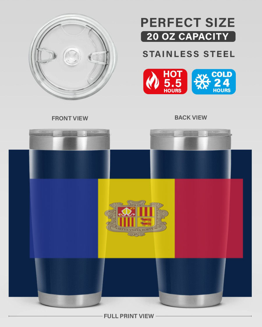 Andorra 194# Tumbler showcasing the Andorra flag design, made of stainless steel with a copper lining, perfect for hot and cold beverages.
