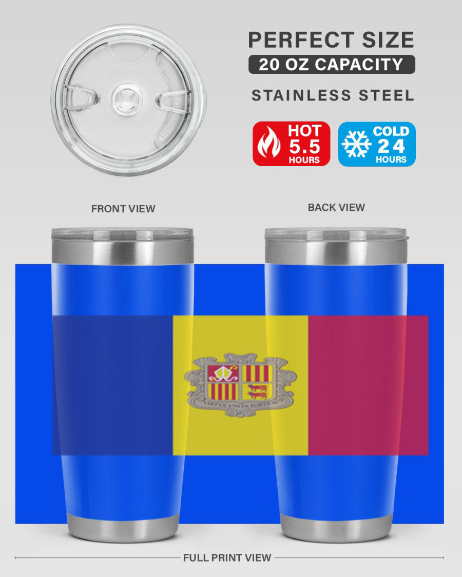 Andorra 194# Tumbler showcasing the Andorra flag design, made of stainless steel with a copper lining, perfect for hot and cold beverages.