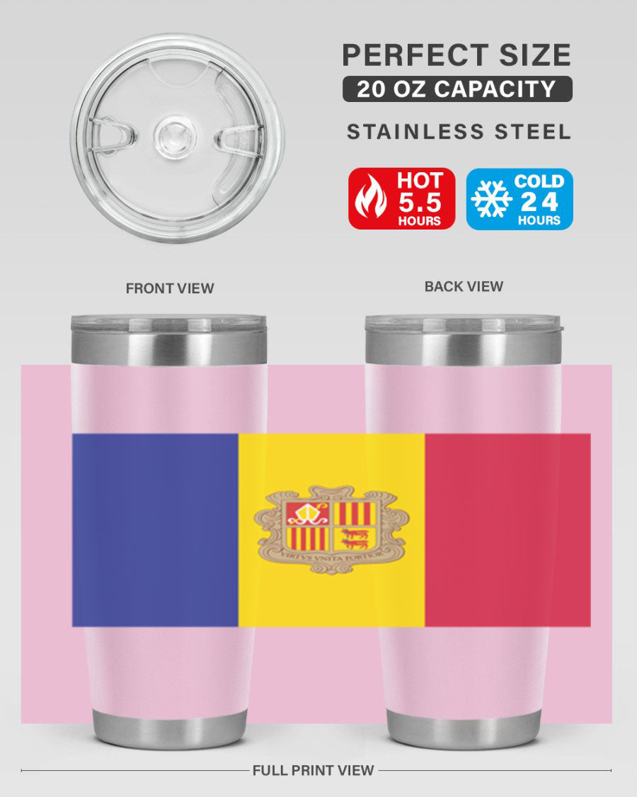 Andorra 194# Tumbler showcasing the Andorra flag design, made of stainless steel with a copper lining, perfect for hot and cold beverages.