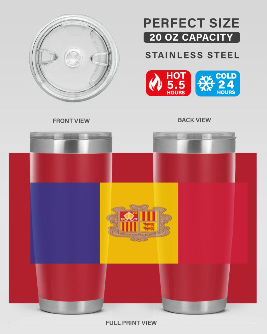 Andorra 194# Tumbler showcasing the Andorra flag design, made of stainless steel with a copper lining, perfect for hot and cold beverages.