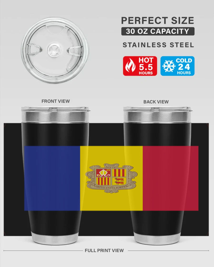 Andorra 194# Tumbler showcasing the Andorra flag design, made of stainless steel with a copper lining, perfect for hot and cold beverages.