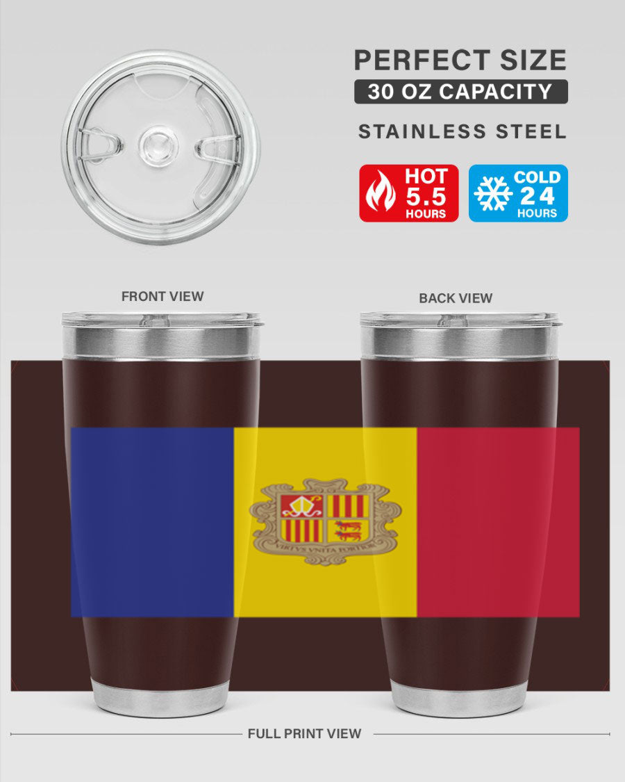 Andorra 194# Tumbler showcasing the Andorra flag design, made of stainless steel with a copper lining, perfect for hot and cold beverages.