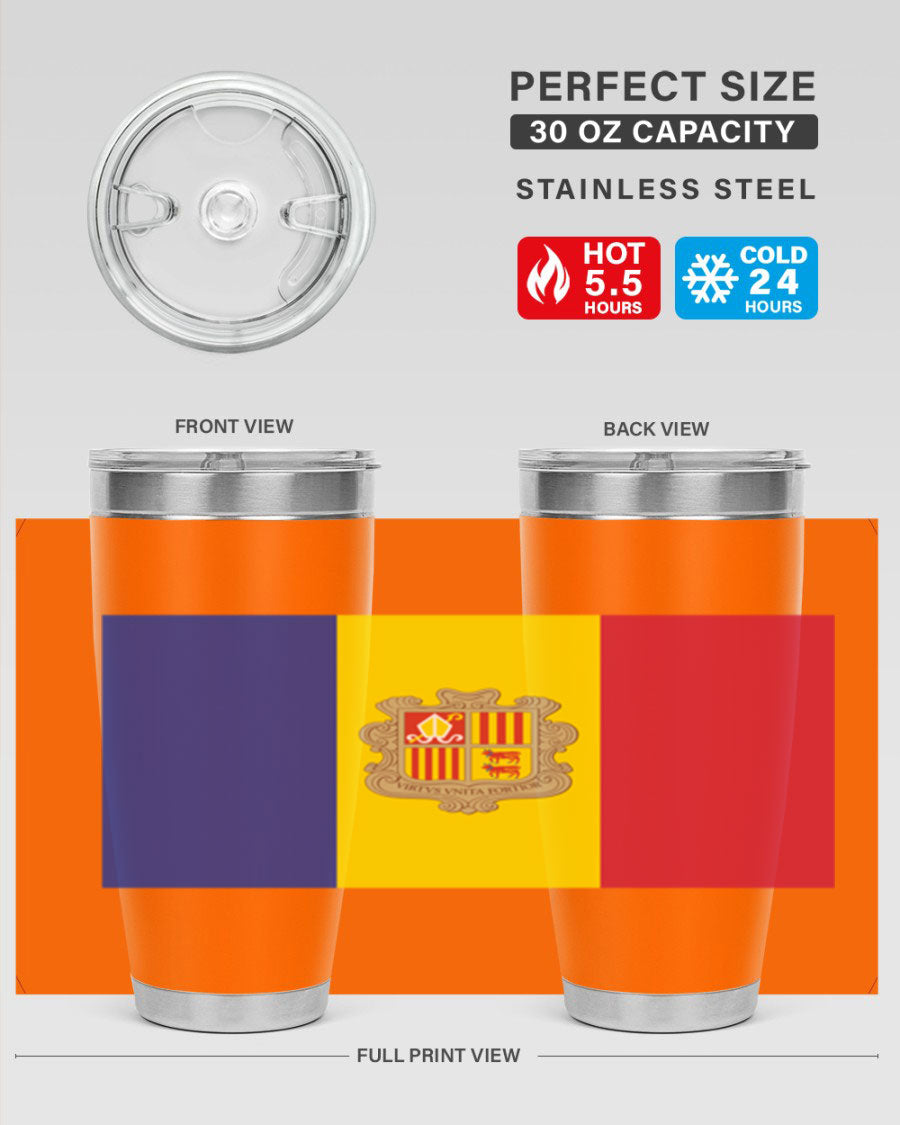 Andorra 194# Tumbler showcasing the Andorra flag design, made of stainless steel with a copper lining, perfect for hot and cold beverages.