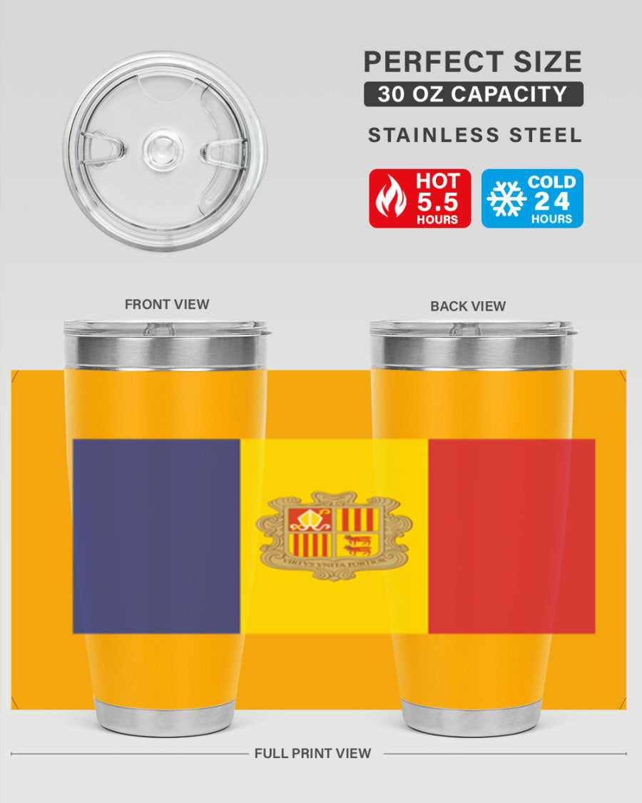 Andorra 194# Tumbler showcasing the Andorra flag design, made of stainless steel with a copper lining, perfect for hot and cold beverages.