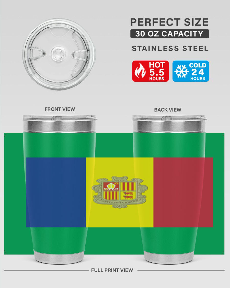 Andorra 194# Tumbler showcasing the Andorra flag design, made of stainless steel with a copper lining, perfect for hot and cold beverages.