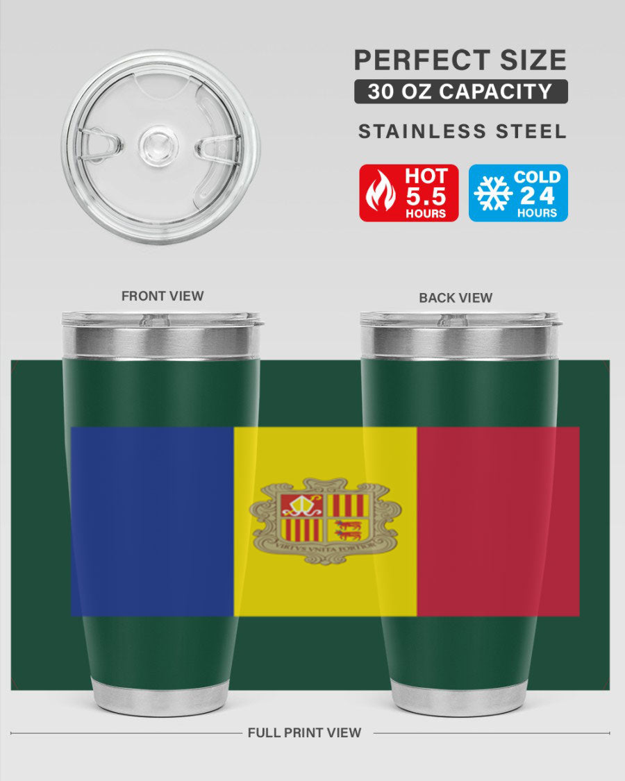 Andorra 194# Tumbler showcasing the Andorra flag design, made of stainless steel with a copper lining, perfect for hot and cold beverages.