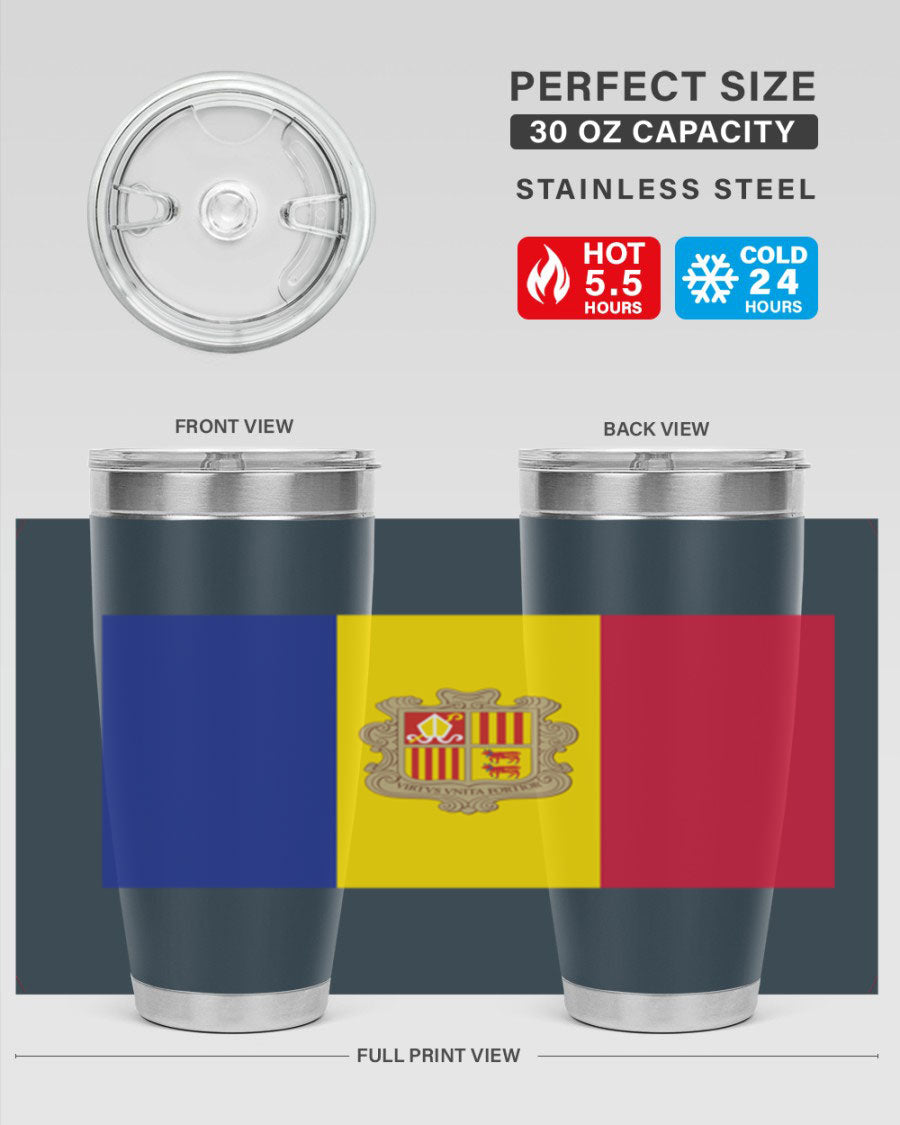 Andorra 194# Tumbler showcasing the Andorra flag design, made of stainless steel with a copper lining, perfect for hot and cold beverages.