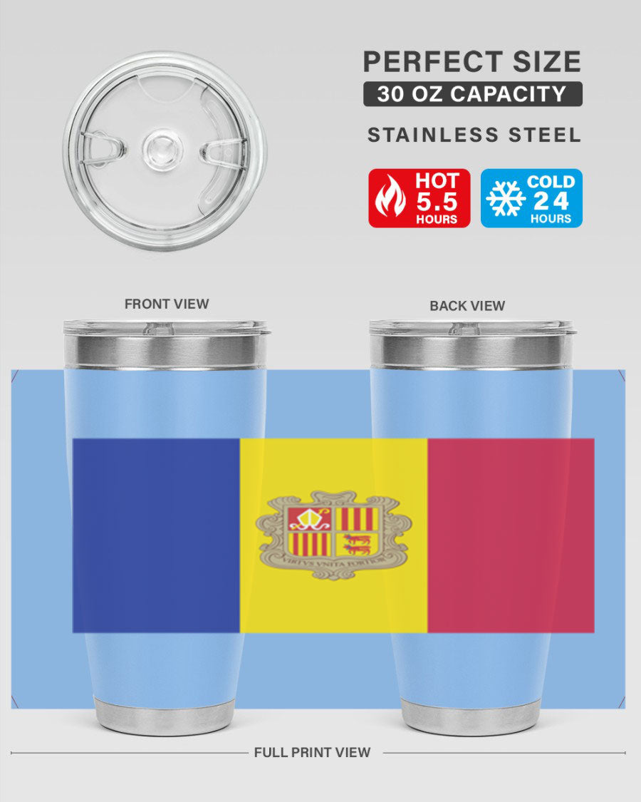 Andorra 194# Tumbler showcasing the Andorra flag design, made of stainless steel with a copper lining, perfect for hot and cold beverages.
