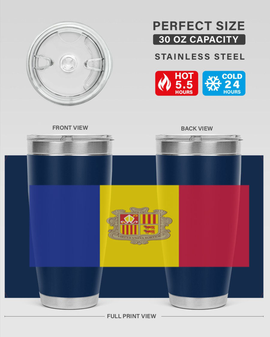 Andorra 194# Tumbler showcasing the Andorra flag design, made of stainless steel with a copper lining, perfect for hot and cold beverages.