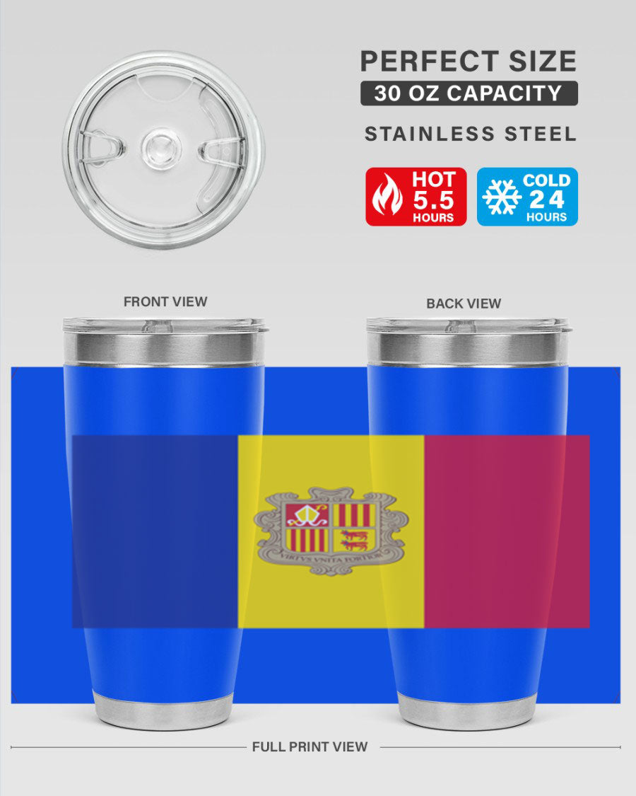 Andorra 194# Tumbler showcasing the Andorra flag design, made of stainless steel with a copper lining, perfect for hot and cold beverages.