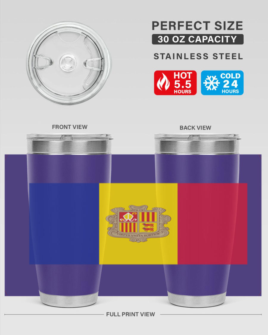 Andorra 194# Tumbler showcasing the Andorra flag design, made of stainless steel with a copper lining, perfect for hot and cold beverages.