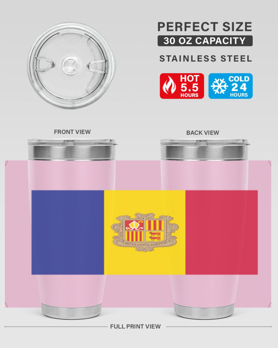 Andorra 194# Tumbler showcasing the Andorra flag design, made of stainless steel with a copper lining, perfect for hot and cold beverages.