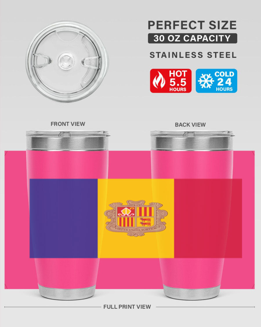 Andorra 194# Tumbler showcasing the Andorra flag design, made of stainless steel with a copper lining, perfect for hot and cold beverages.