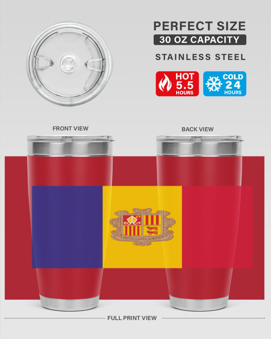 Andorra 194# Tumbler showcasing the Andorra flag design, made of stainless steel with a copper lining, perfect for hot and cold beverages.