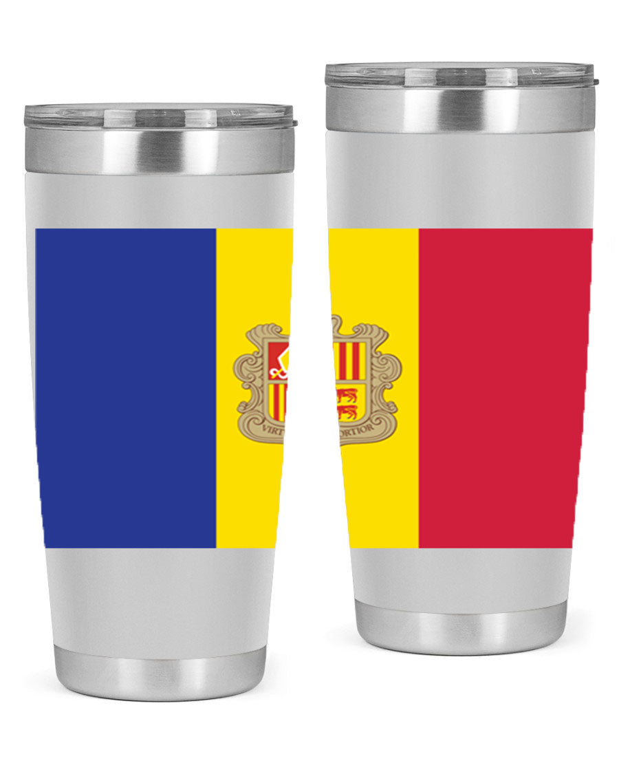 Andorra 194# Tumbler showcasing the Andorra flag design, made of stainless steel with a copper lining, perfect for hot and cold beverages.