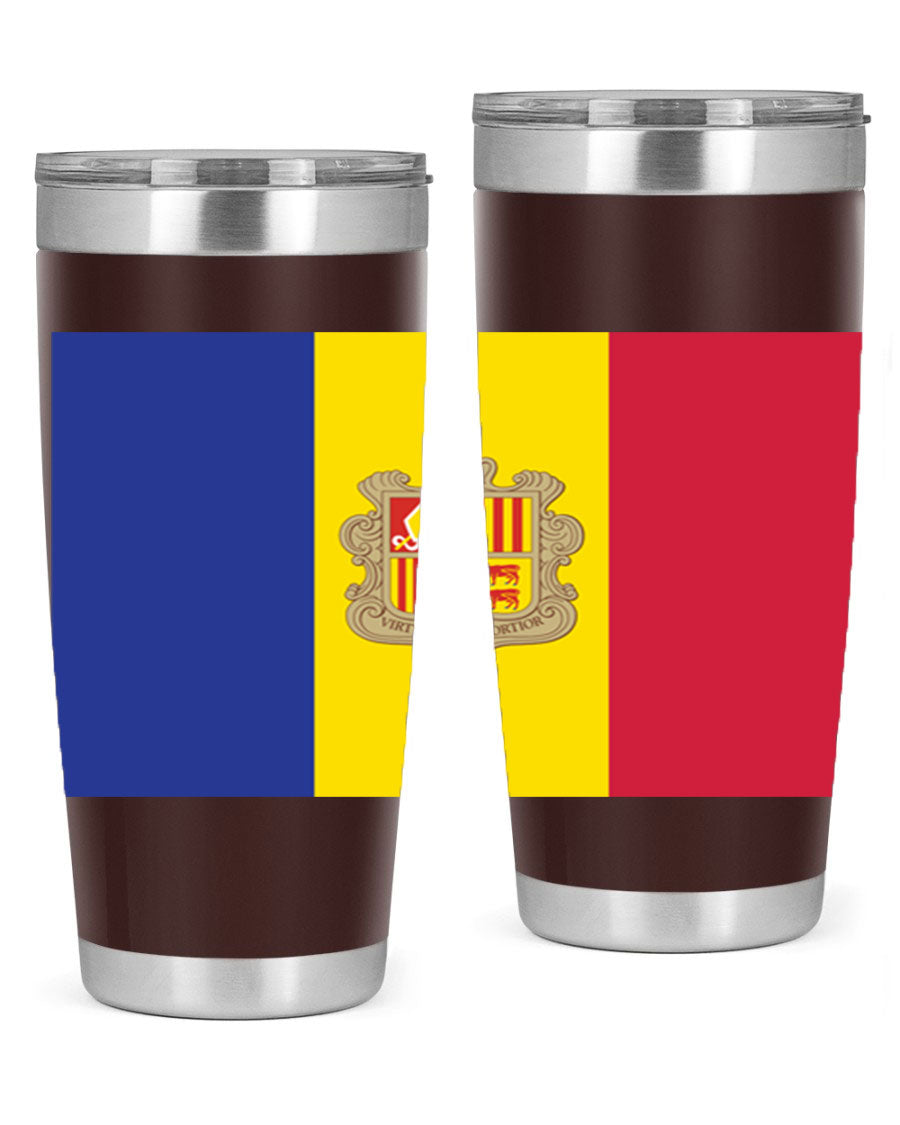 Andorra 194# Tumbler showcasing the Andorra flag design, made of stainless steel with a copper lining, perfect for hot and cold beverages.