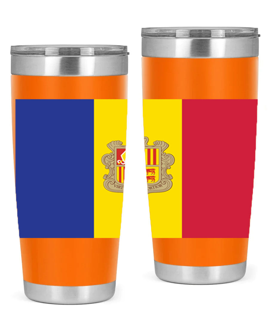 Andorra 194# Tumbler showcasing the Andorra flag design, made of stainless steel with a copper lining, perfect for hot and cold beverages.