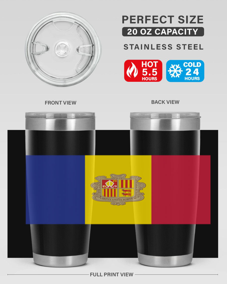 Andorra 194# Tumbler showcasing the Andorra flag design, made of stainless steel with a copper lining, perfect for hot and cold beverages.
