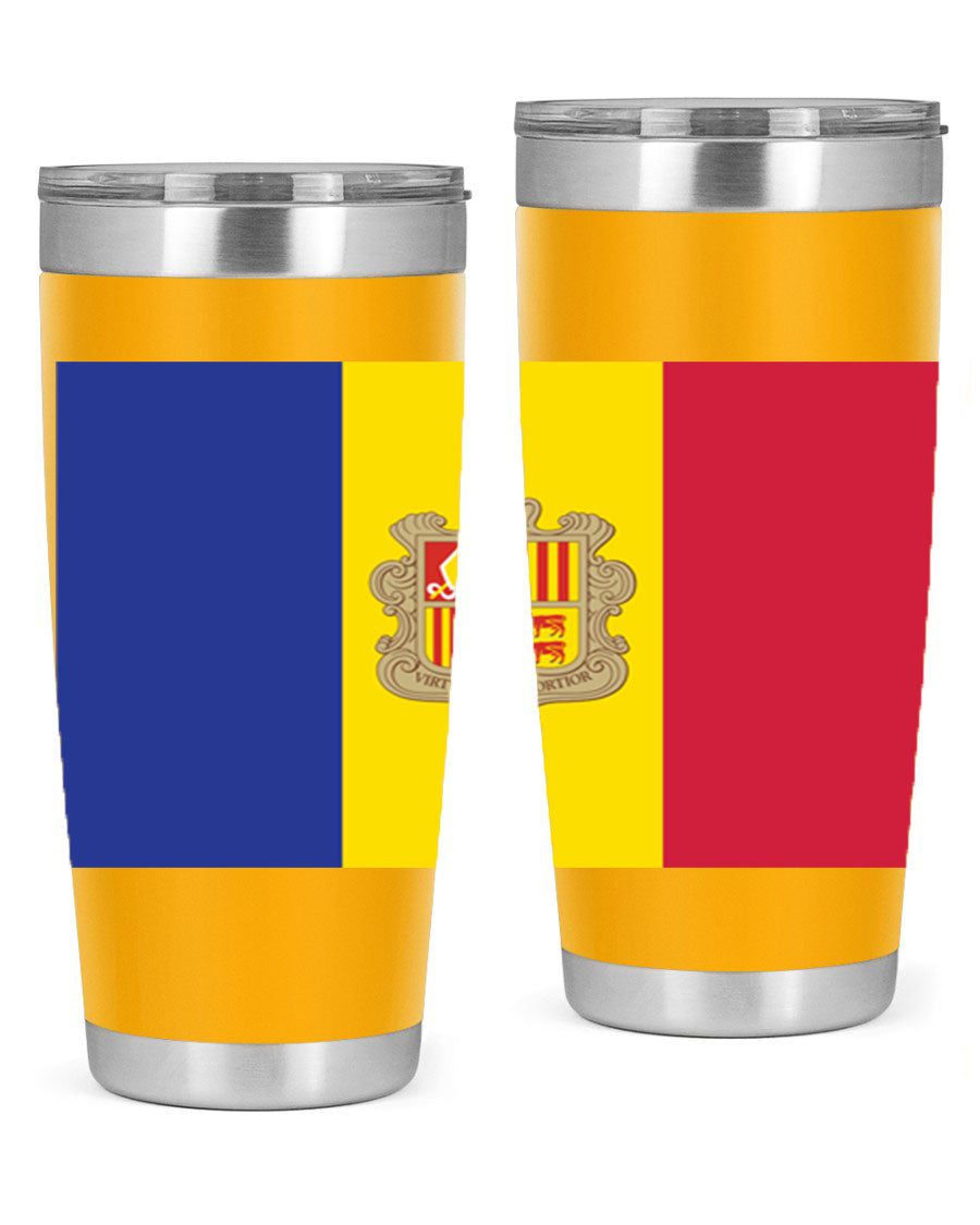 Andorra 194# Tumbler showcasing the Andorra flag design, made of stainless steel with a copper lining, perfect for hot and cold beverages.