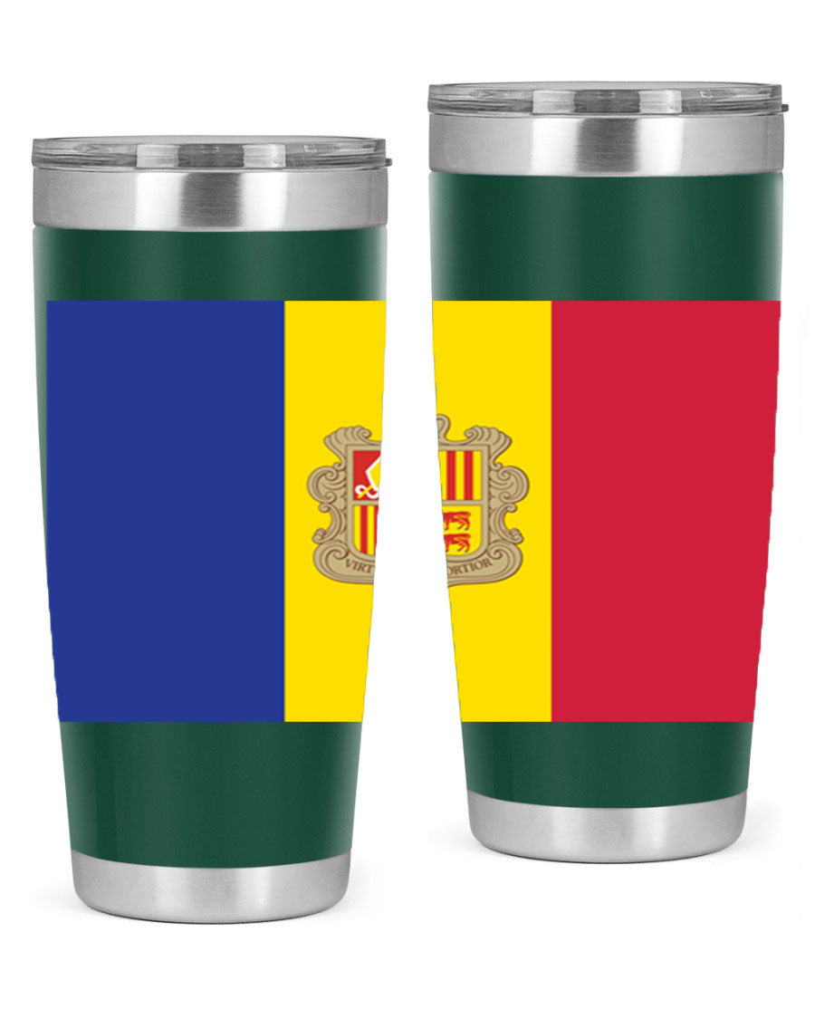 Andorra 194# Tumbler showcasing the Andorra flag design, made of stainless steel with a copper lining, perfect for hot and cold beverages.