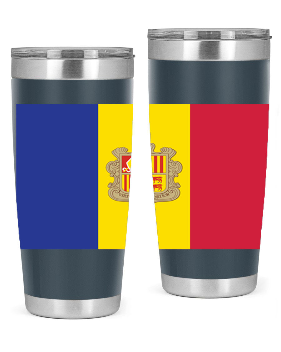 Andorra 194# Tumbler showcasing the Andorra flag design, made of stainless steel with a copper lining, perfect for hot and cold beverages.