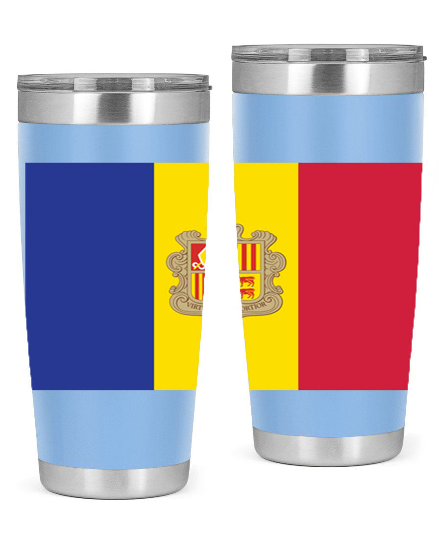 Andorra 194# Tumbler showcasing the Andorra flag design, made of stainless steel with a copper lining, perfect for hot and cold beverages.