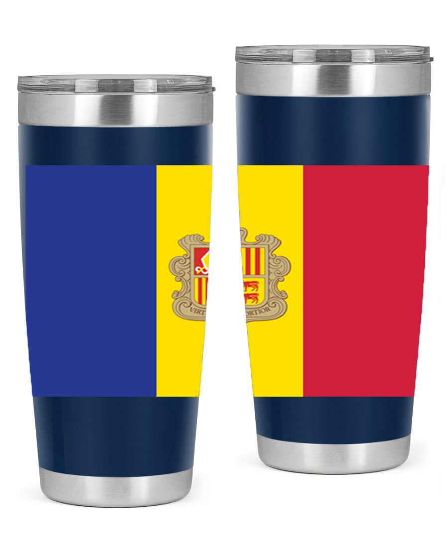 Andorra 194# Tumbler showcasing the Andorra flag design, made of stainless steel with a copper lining, perfect for hot and cold beverages.