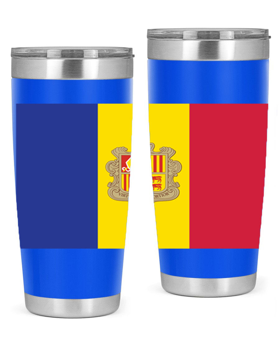 Andorra 194# Tumbler showcasing the Andorra flag design, made of stainless steel with a copper lining, perfect for hot and cold beverages.