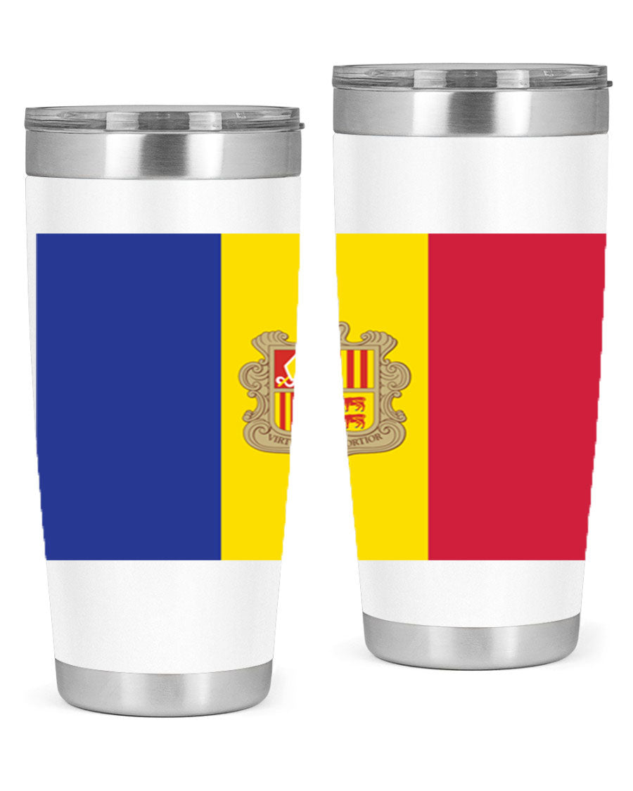Andorra 194# Tumbler showcasing the Andorra flag design, made of stainless steel with a copper lining, perfect for hot and cold beverages.