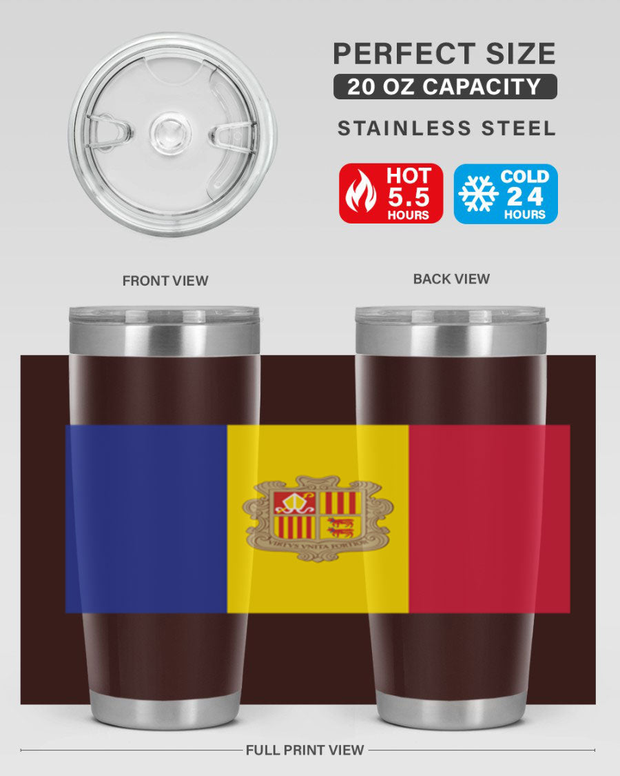 Andorra 194# Tumbler showcasing the Andorra flag design, made of stainless steel with a copper lining, perfect for hot and cold beverages.