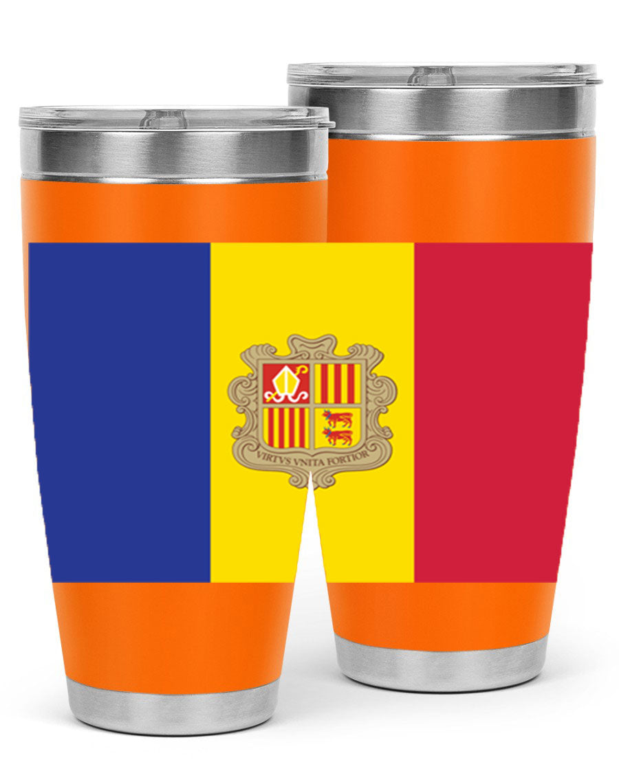 Andorra 194# Tumbler showcasing the Andorra flag design, made of stainless steel with a copper lining, perfect for hot and cold beverages.