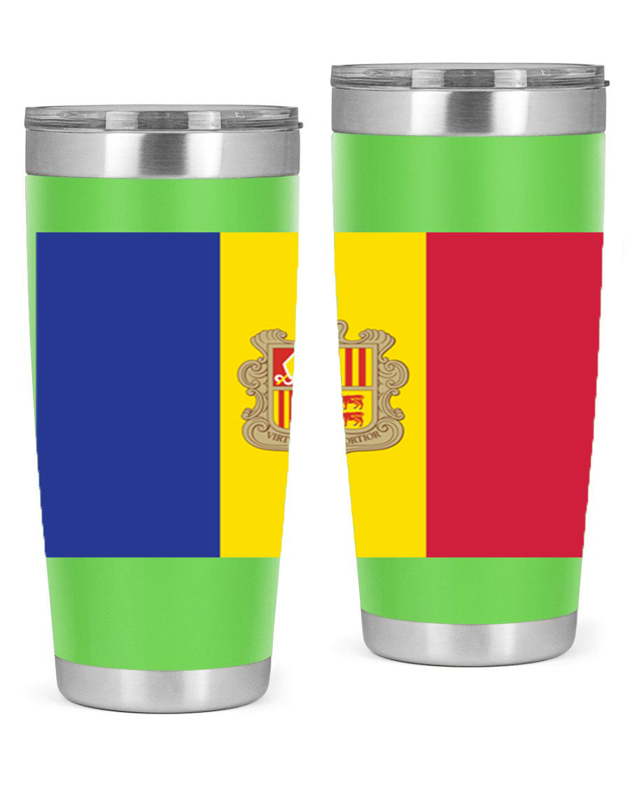Andorra 194# Tumbler showcasing the Andorra flag design, made of stainless steel with a copper lining, perfect for hot and cold beverages.